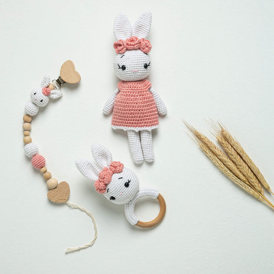 Amigurumi Organic Bunny Baby Girl Gift Set - 3 Pieces